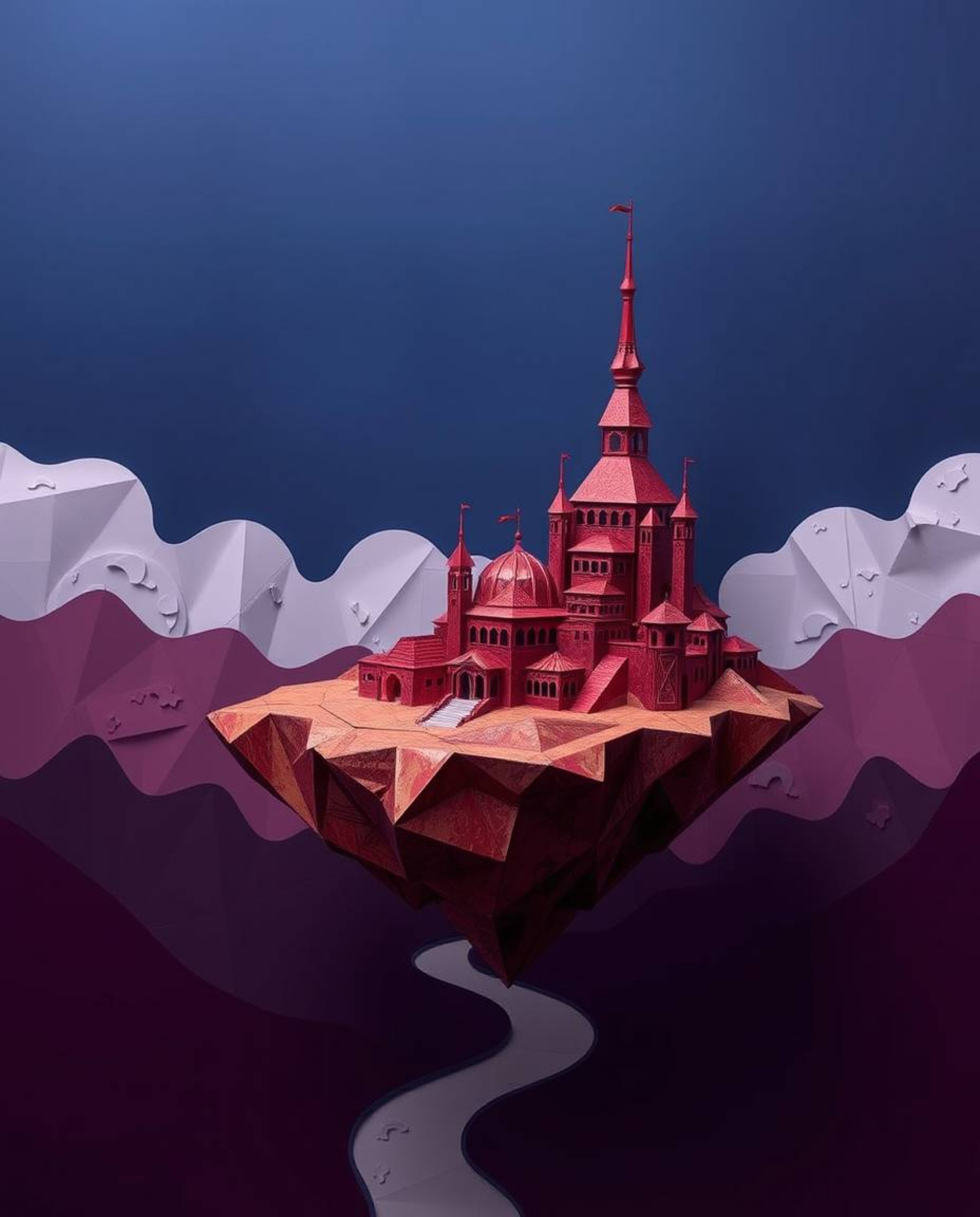Explore a surreal floating island concept featuring rich burgundy and deep blue hues, intricate origami-style architecture wi