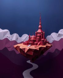 Explore a surreal floating island concept featuring rich burgundy and deep blue hues, intricate origami-style architecture wi