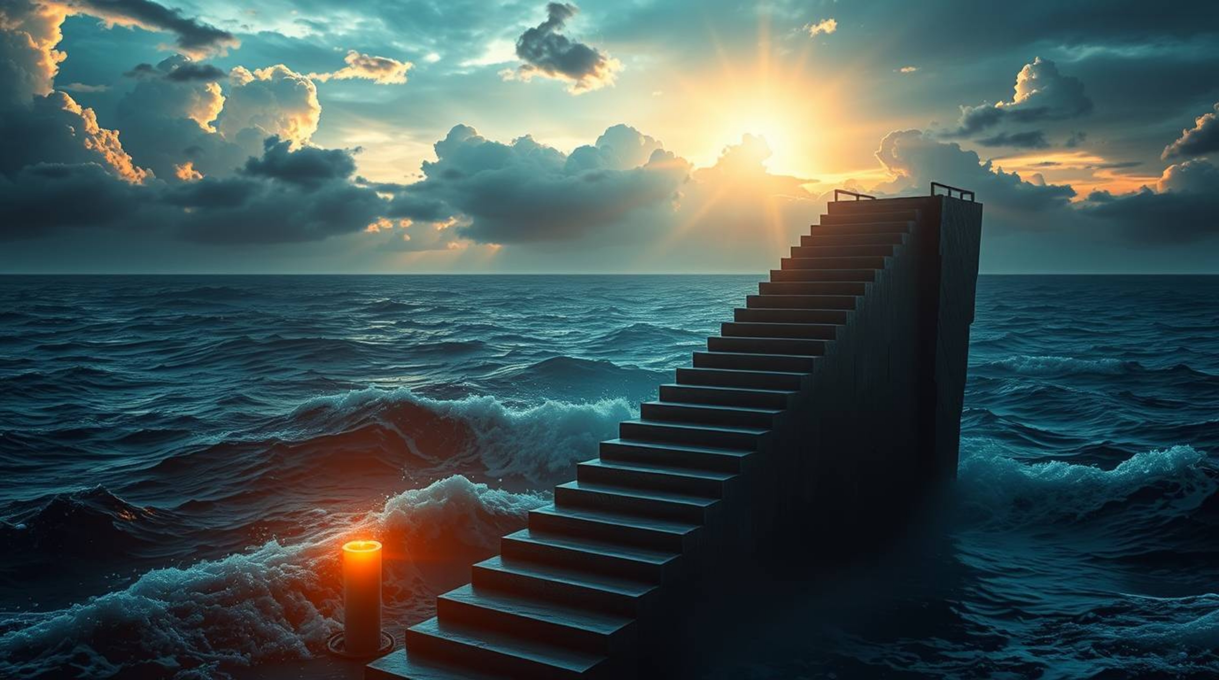 A dramatic ocean staircase rising towards a stormy, sunburst-lit sky, imagined in a futuristic sci-fi style. This image combi