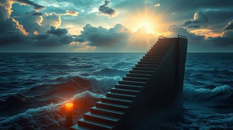 A dramatic ocean staircase rising towards a stormy, sunburst-lit sky, imagined in a futuristic sci-fi style. This image combi