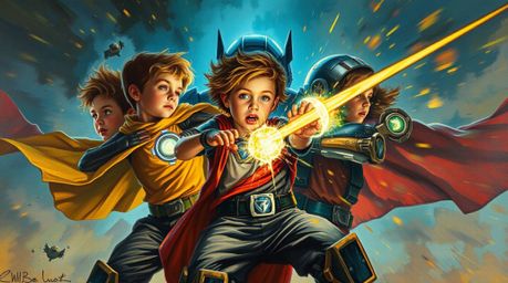 This oil painting captures a thrilling scene of three superpowered children battling a formidable robot. The artwork is broug