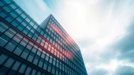 A stunning long exposure photograph capturing a modern glass building seemingly dissolving into the vast sky, where soft clou