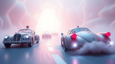 Immerse yourself in a whimsical and ethereal racing scene where outlandish cars compete in a mystical, dreamlike environment.