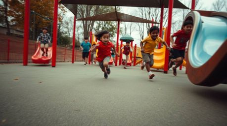 Experience a dramatic slow-motion run through a playground bathed in warm, inviting light.  The scene features a rich bronze 