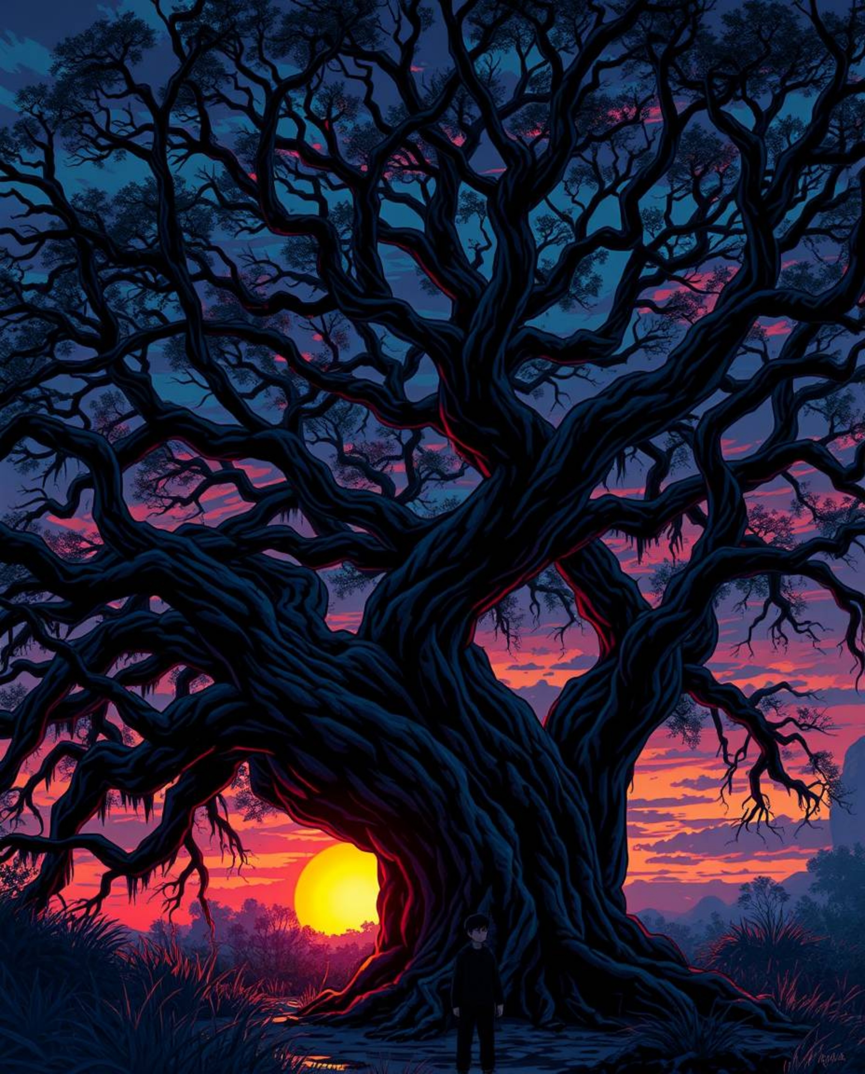 An Isekai anime style illustration with an eerie, creepy atmosphere. This piece features bioluminescent glowing colors and na