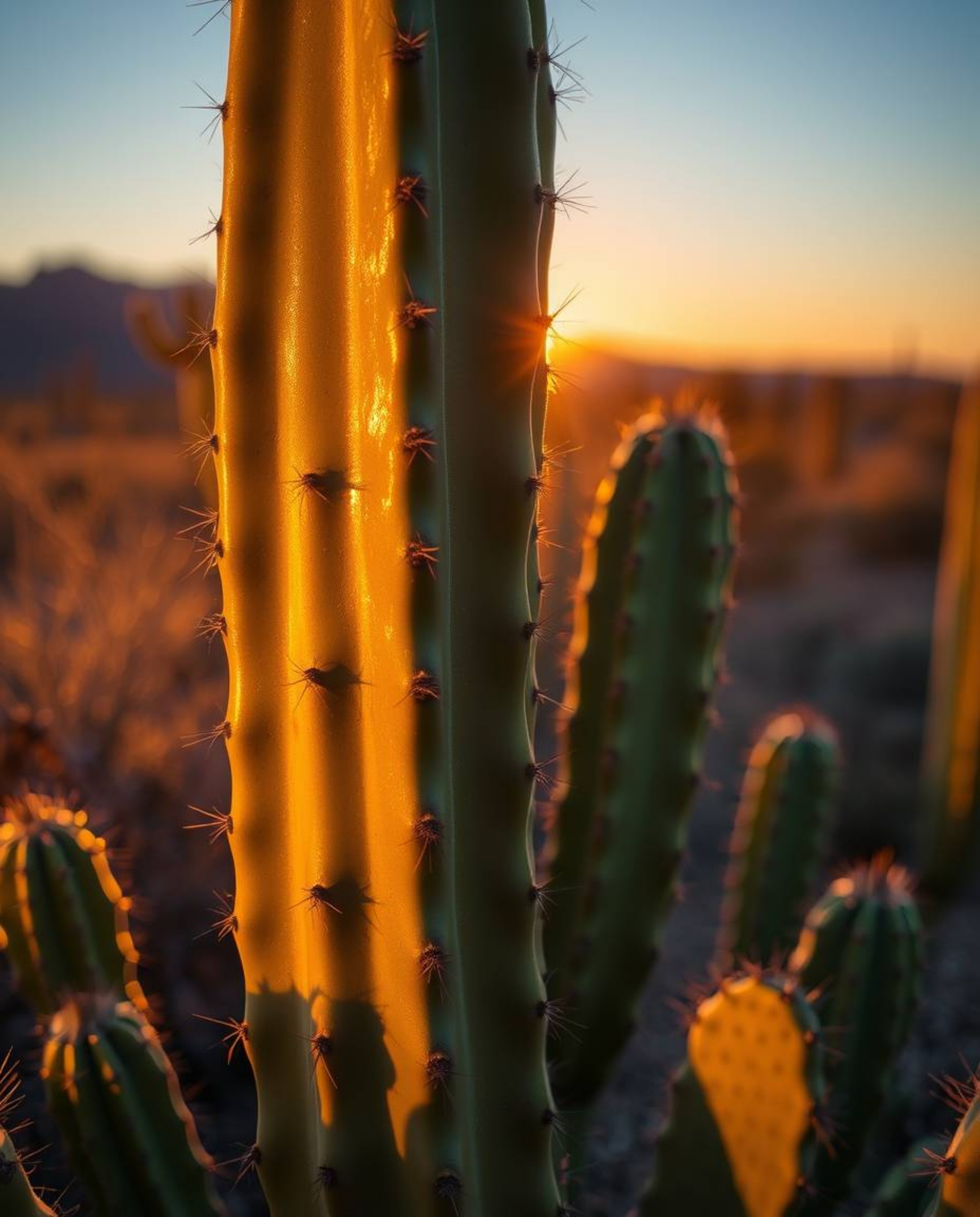 This high-resolution stock photo captures a desert cactus glowing in the last rays of the sun, exhibiting a stunning display 