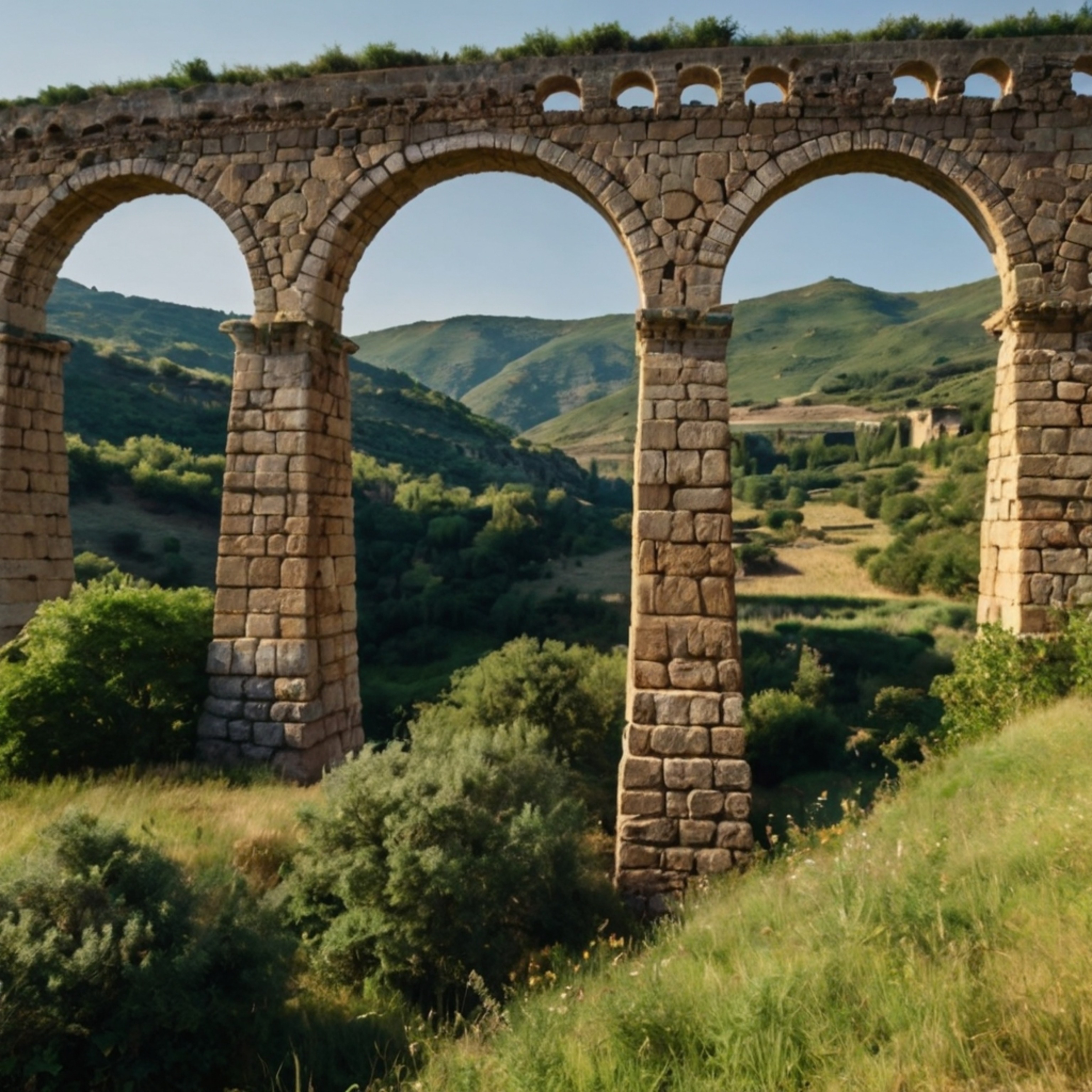 This image captures the majestic beauty of an ancient Roman aqueduct spanning a lush valley. The weathered stone arches stand