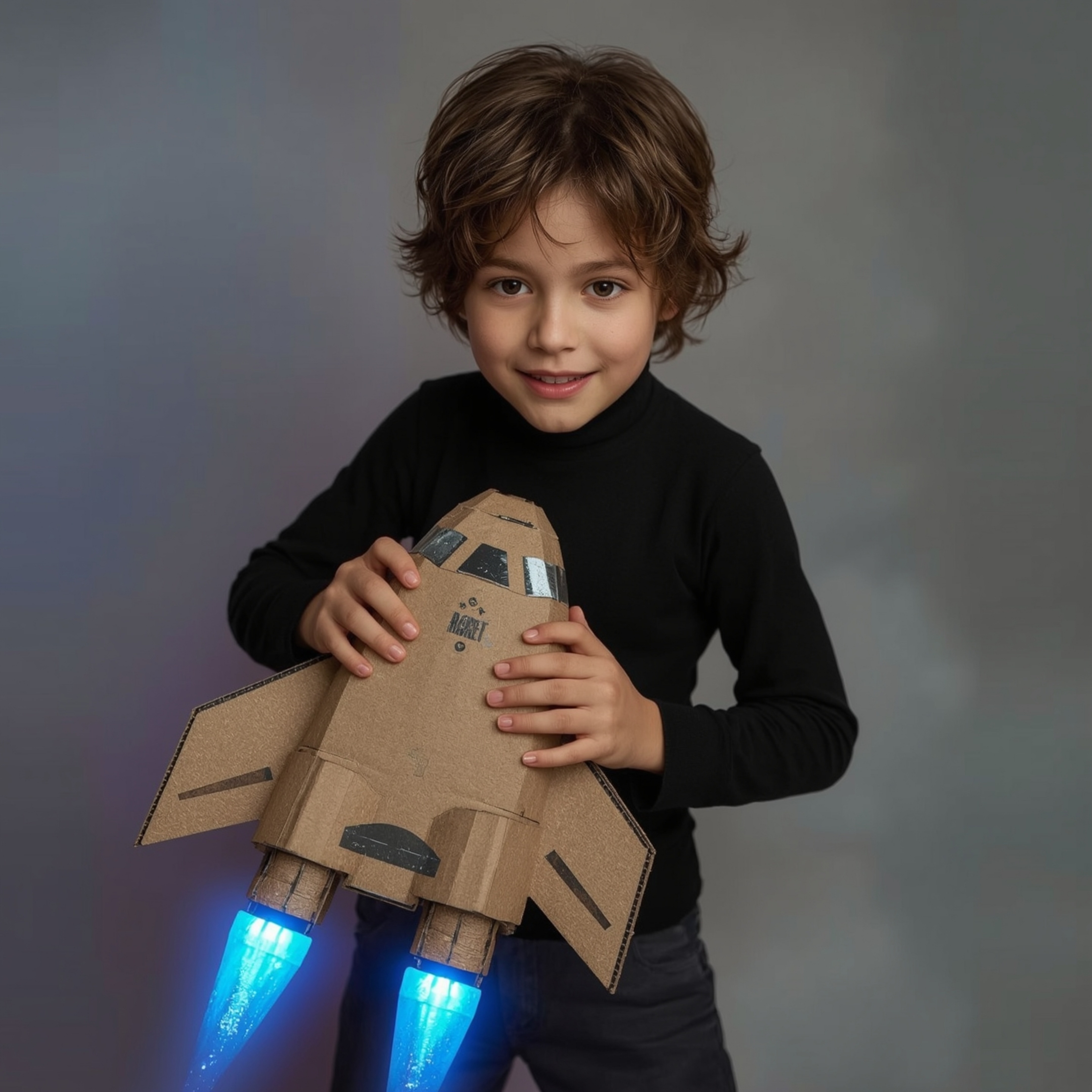 Exquisite high fashion photography captures a young boy with messy brown hair and bright, curious eyes, his face alight with 