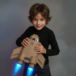 Exquisite high fashion photography captures a young boy with messy brown hair and bright, curious eyes, his face alight with 