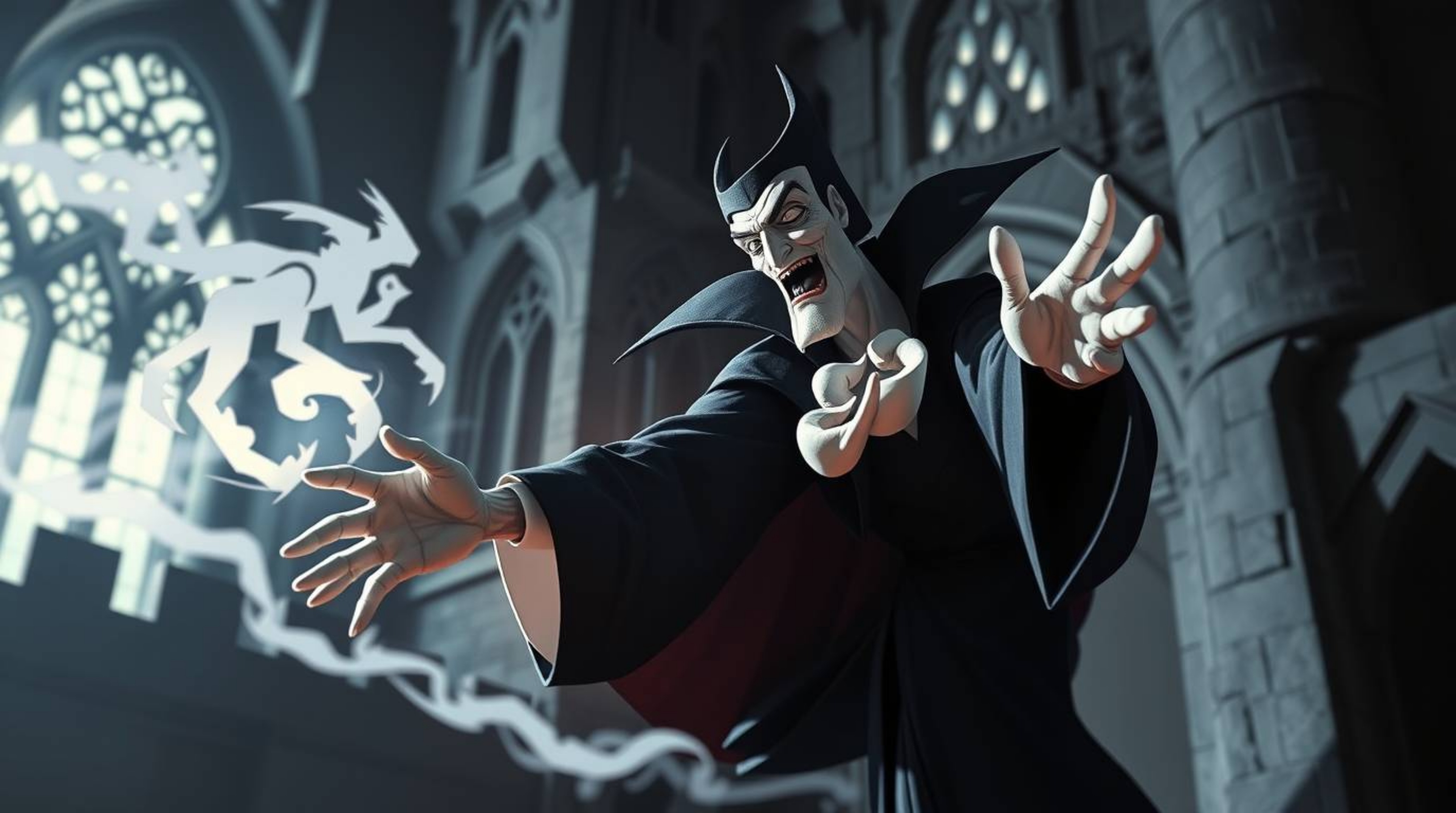 A captivating illustration depicts a classic Disney villain, rendered in an intricate origami style, casting a spell within a