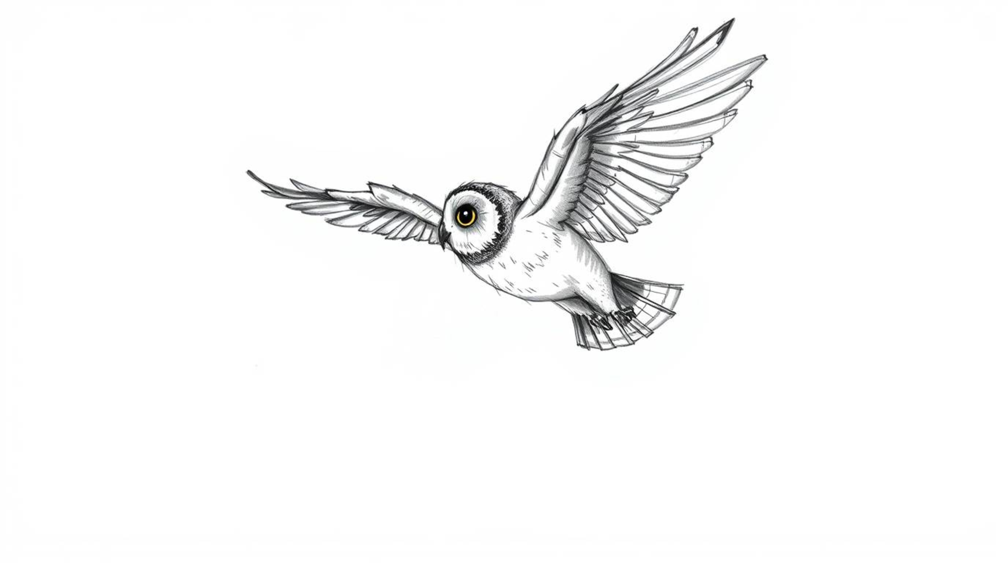 A captivating hand-drawn sketch, reminiscent of Pixar's enchanting style, portrays a blind owl soaring mid-flight, gracefully