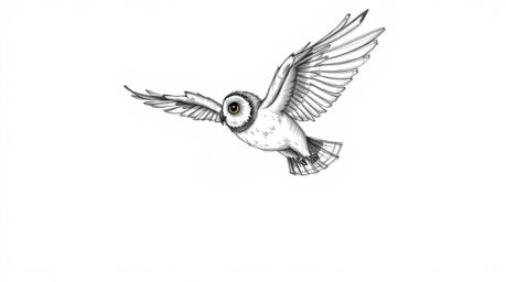 A captivating hand-drawn sketch, reminiscent of Pixar's enchanting style, portrays a blind owl soaring mid-flight, gracefully