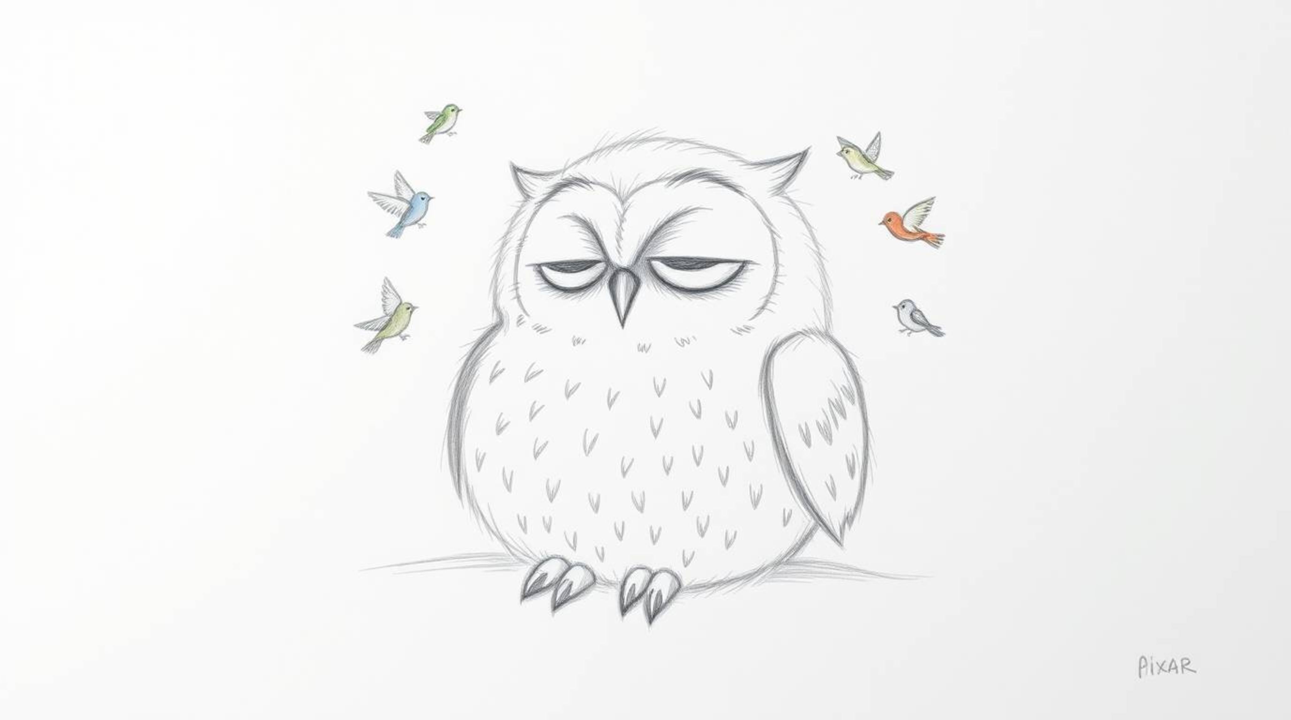 A whimsical hand-drawn pencil sketch in the style of Pixar, showcasing a blind owl with soft, feathery details peacefully res