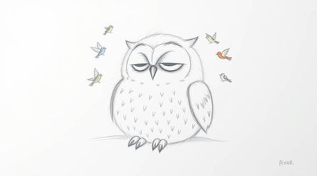 A whimsical hand-drawn pencil sketch in the style of Pixar, showcasing a blind owl with soft, feathery details peacefully res
