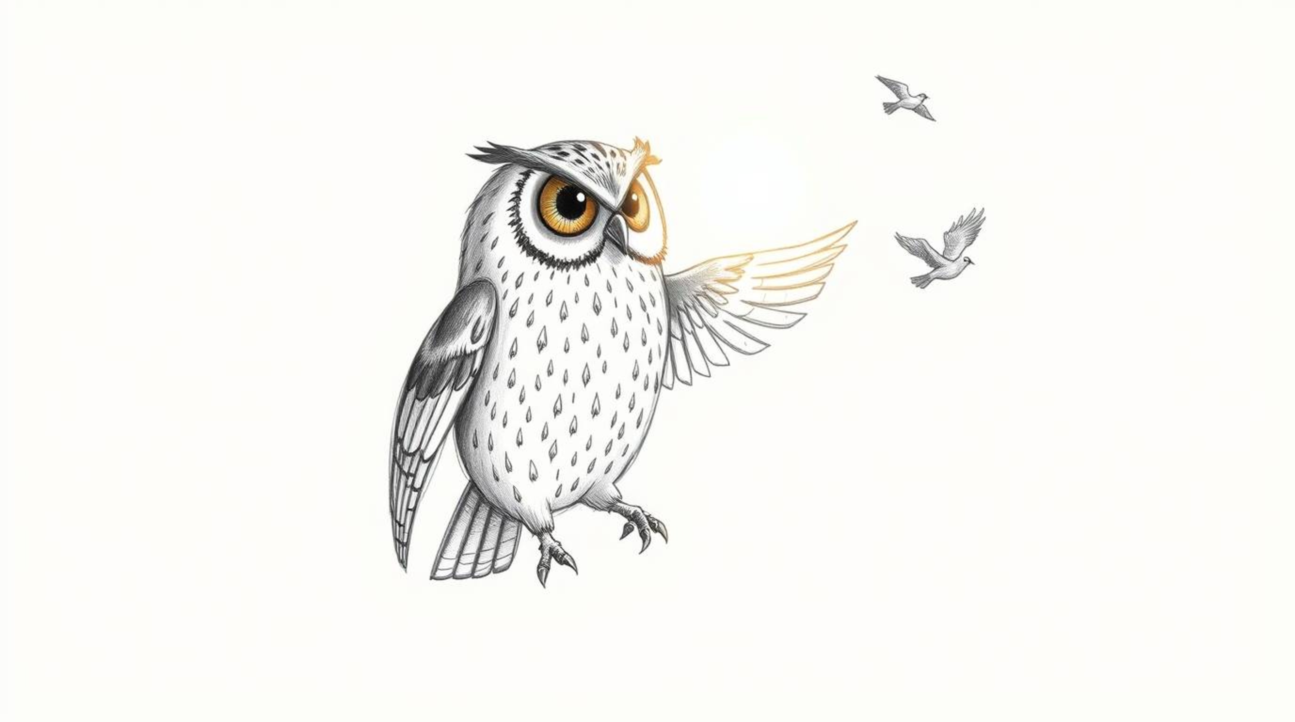 A captivating hand-drawn Pixar-style sketch depicts a blind owl, its feathers radiating a warm glow in a sunbeam, as it impar