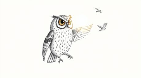 A captivating hand-drawn Pixar-style sketch depicts a blind owl, its feathers radiating a warm glow in a sunbeam, as it impar