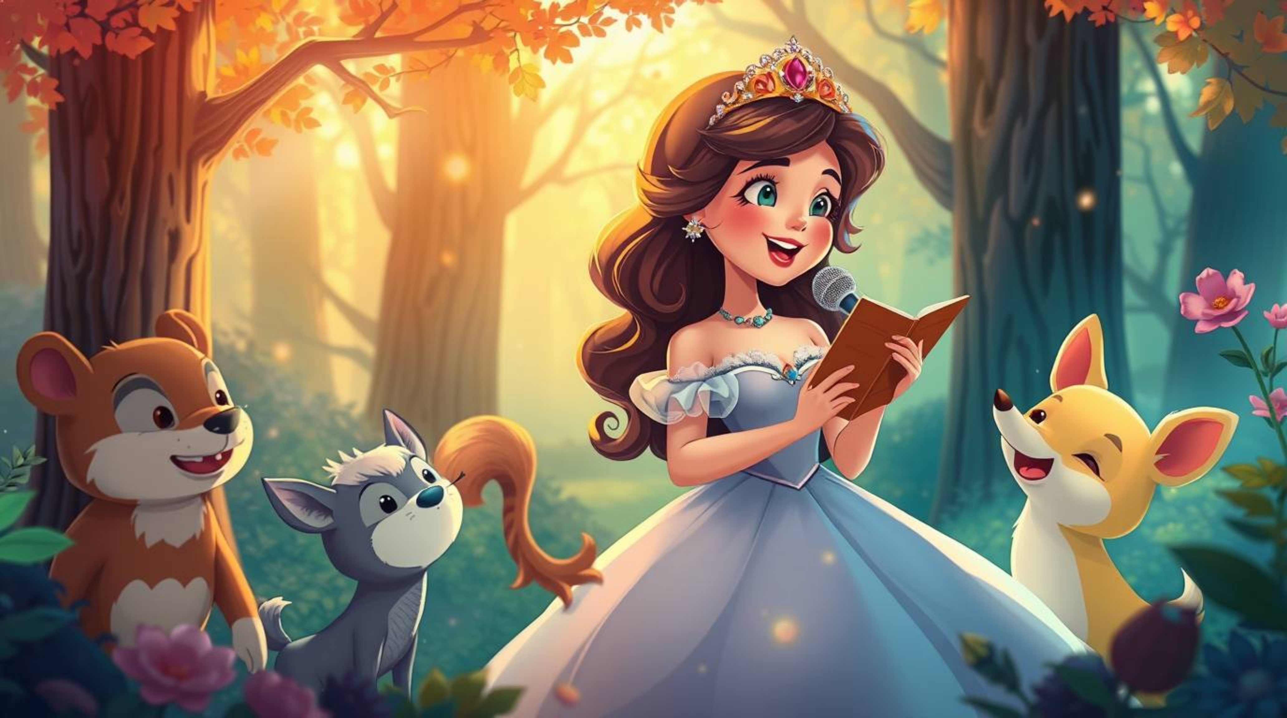 Immerse yourself in a vintage 2D animated world where a princess sings alongside forest animals in a mystic and enchanting en