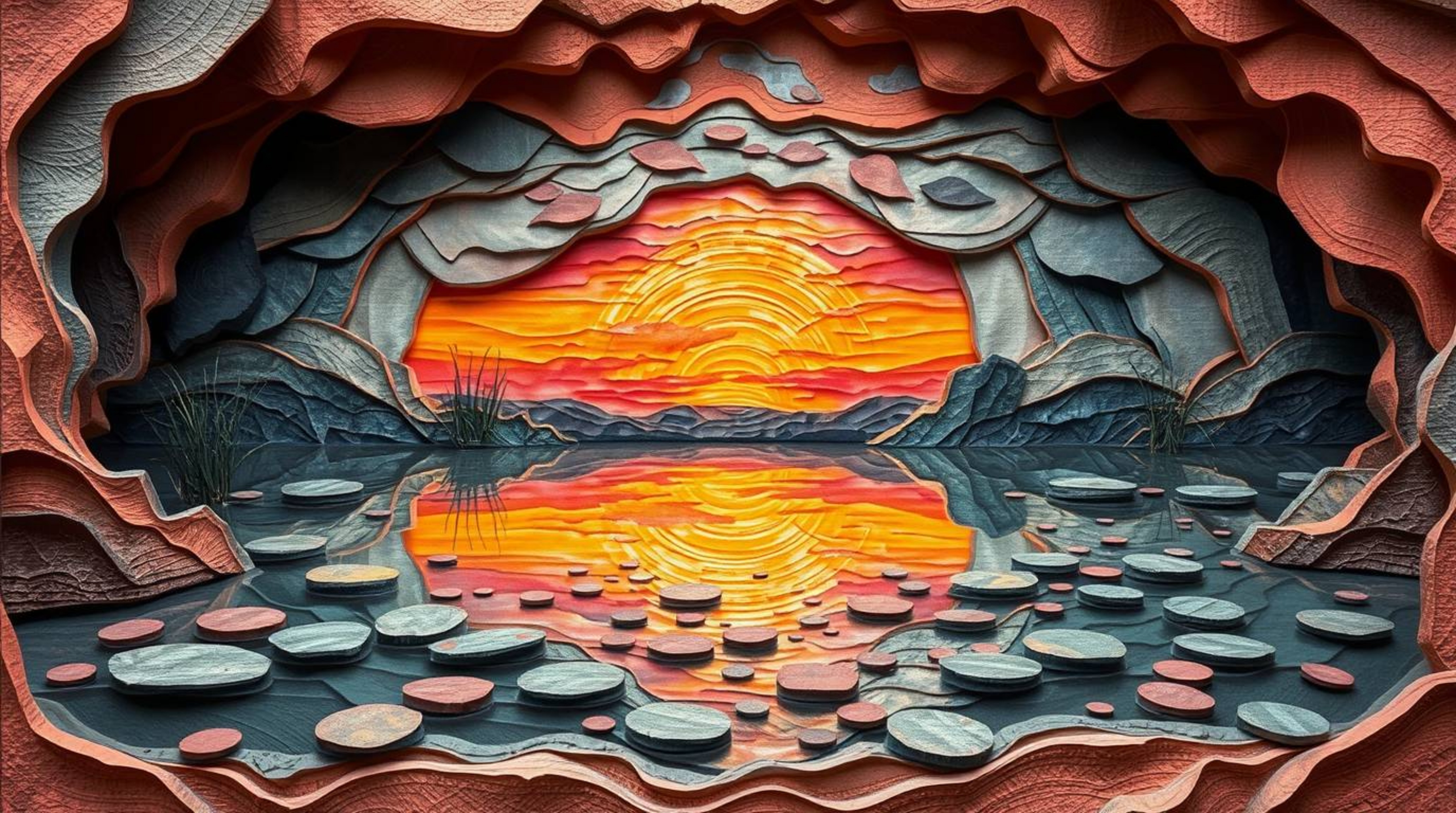 A sculpted, textured reflection of a colorful sunset in a calm pond, rendered in layered papier-mâché, creates a mystic and e