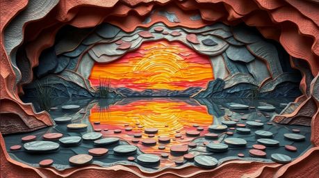 A sculpted, textured reflection of a colorful sunset in a calm pond, rendered in layered papier-mâché, creates a mystic and e