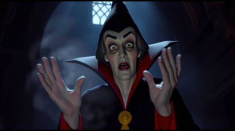 A classic Disney villain, with blurred features, casts a spell within an old, atmospheric castle. The image features a soft c