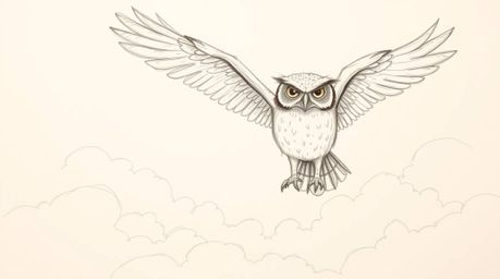 A heartwarming Pixar-inspired sketch depicts a blind owl, rendered in textured pencil with rough lines, teaching birds how to