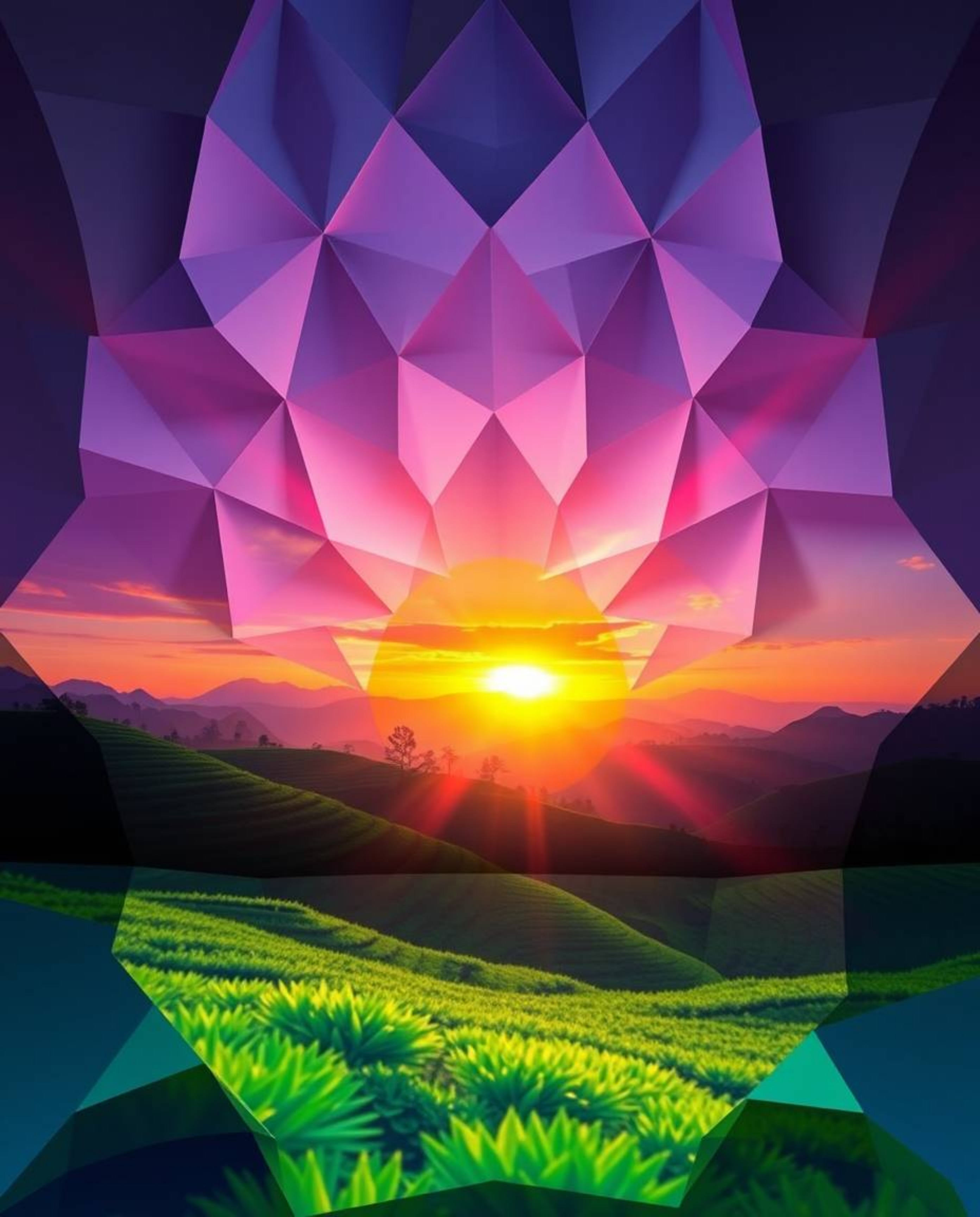 An intricate origami-style sunset over terraced tea plantations, rendered in stunning iridescent colors with geometric precis