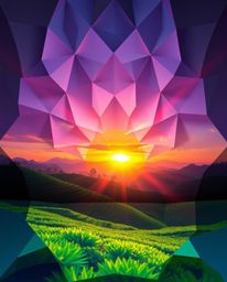 An intricate origami-style sunset over terraced tea plantations, rendered in stunning iridescent colors with geometric precis