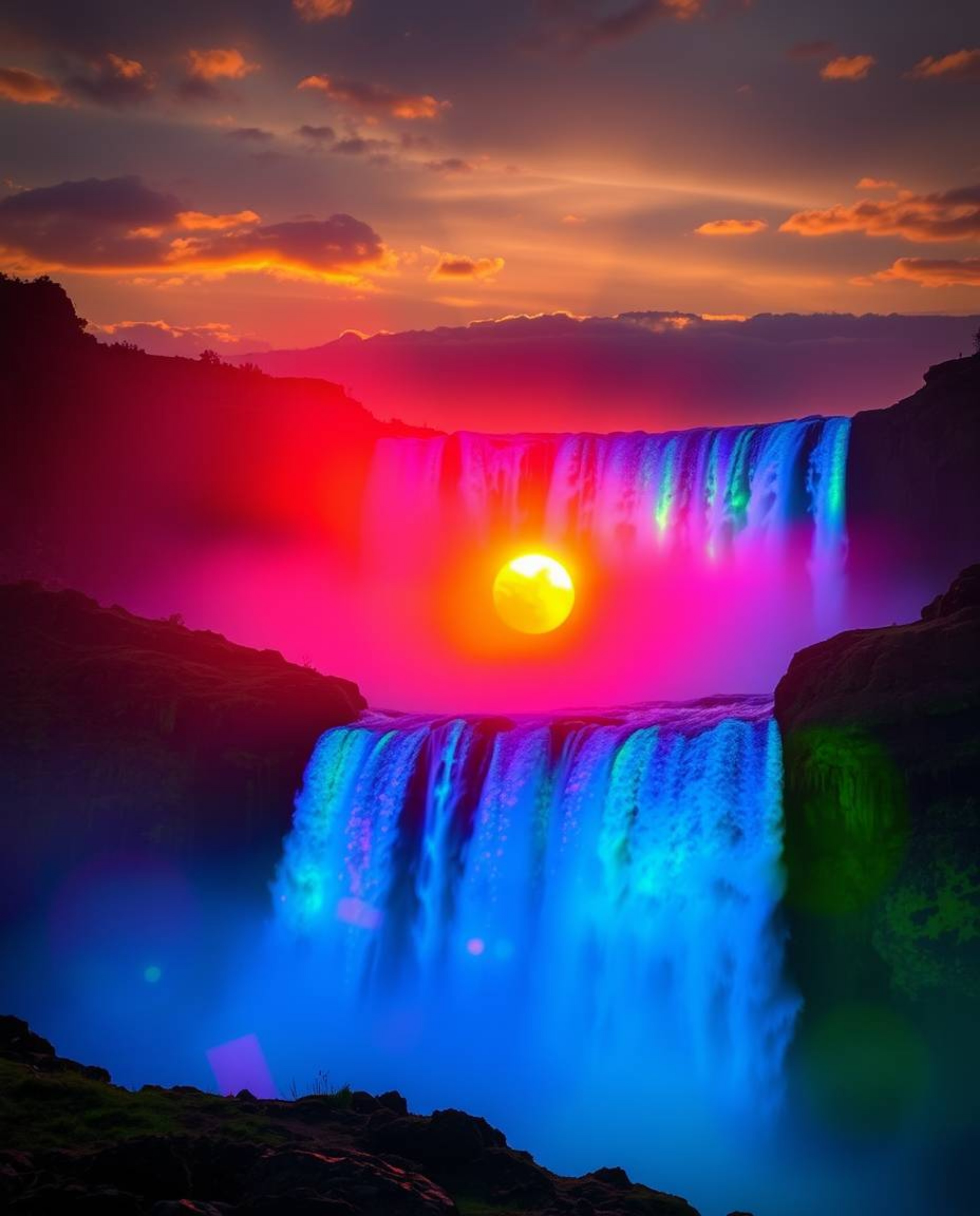 A lively and energetic scene depicts a sun setting behind a dramatic waterfall, illuminated by stunning bioluminescent vibran