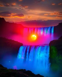 A lively and energetic scene depicts a sun setting behind a dramatic waterfall, illuminated by stunning bioluminescent vibran
