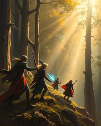 A grand epic oil painting showcases a group of friends with unique powers exploring a vast, mystical forest.  The scene is fi