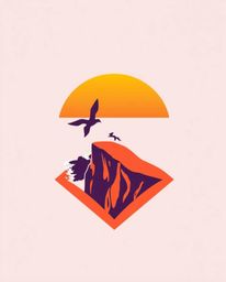 This is a logo design inspired by a sunset over a coastal cliff with soaring birds, imagined from a high-angle perspective. T