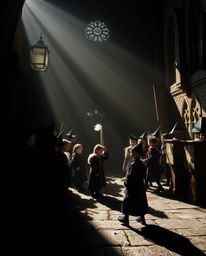 A captivating image showcasing a magical school filled with young wizards.  Strong, hard light creates dramatic shadows, resu