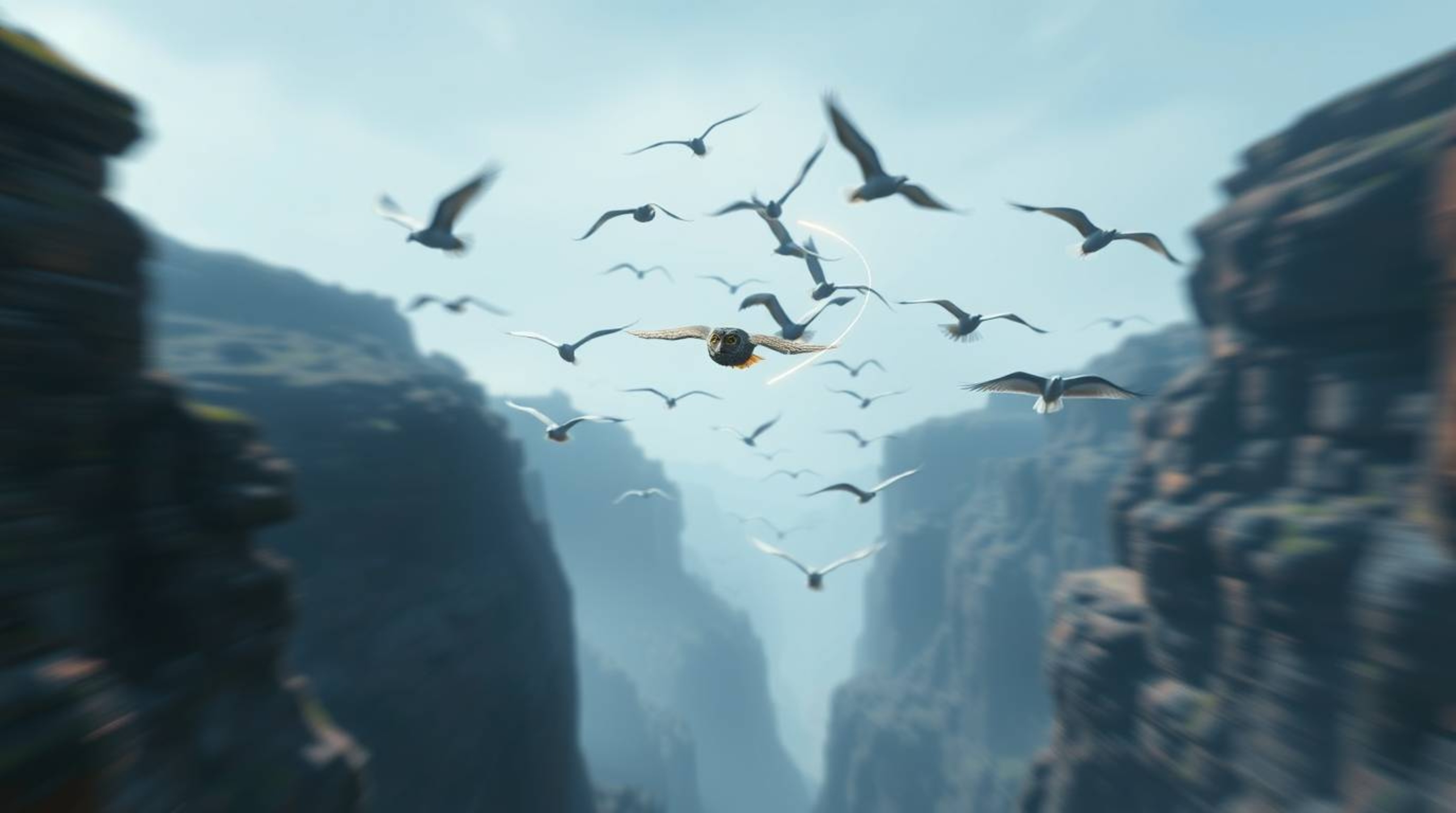 This cinematic, long-exposure photograph captures a blind owl, rendered in a captivating Pixar style, as it guides a flock of