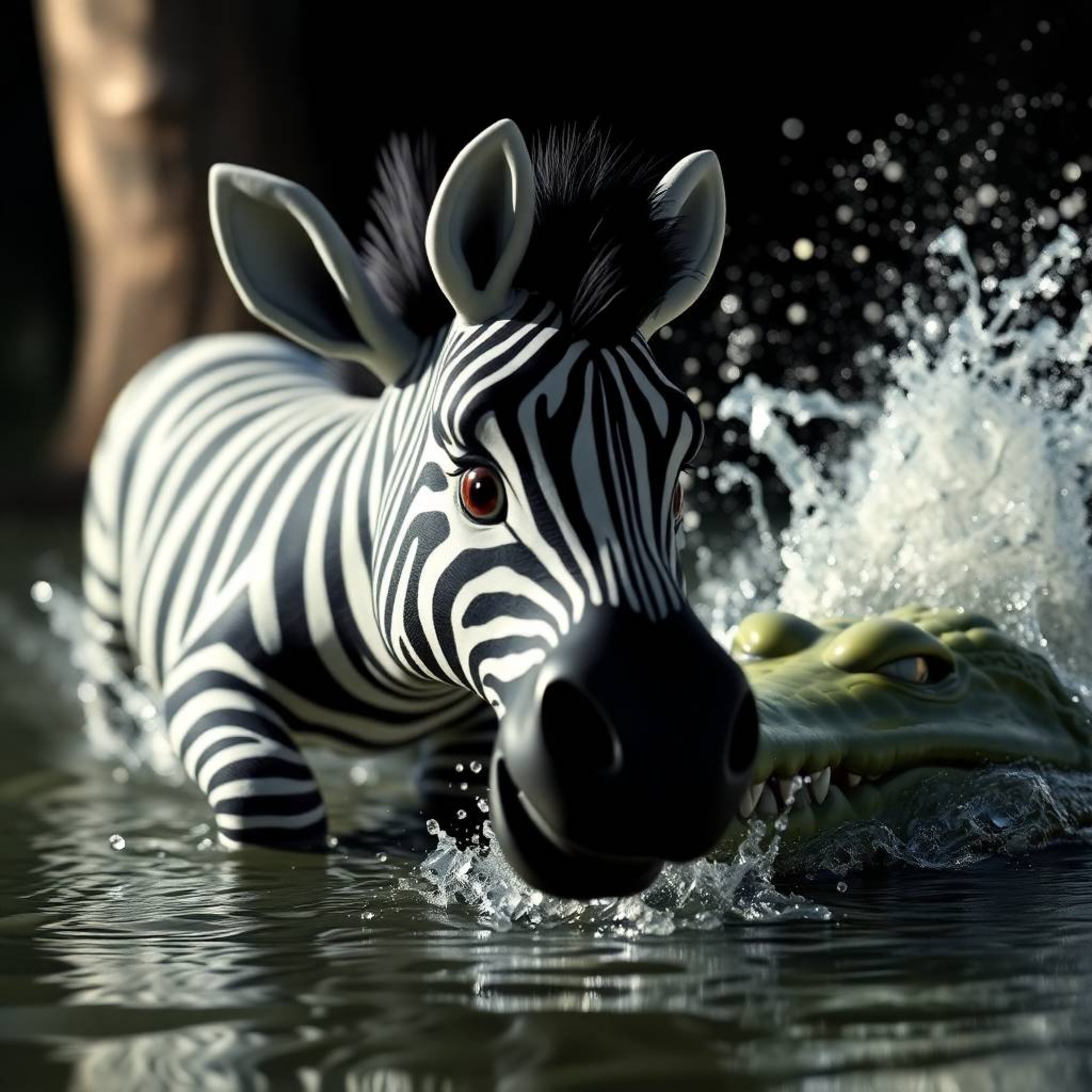 A dramatic extreme macro close-up captures a 3D cartoon zebra in a tense escape from a splashing crocodile at a riverbank. Th