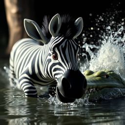 A dramatic extreme macro close-up captures a 3D cartoon zebra in a tense escape from a splashing crocodile at a riverbank. Th