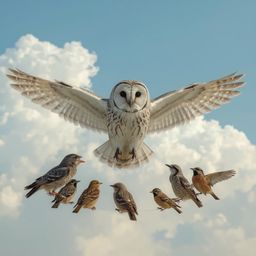 Exquisite high fashion photography captures a blind owl with a wise and gentle expression, its soft gray and white feathers c