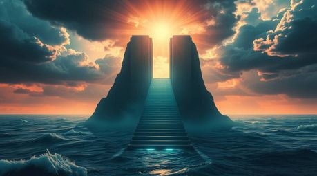 Witness a breathtaking futuristic sci-fi scene featuring an epic staircase dramatically ascending from the ocean towards a st