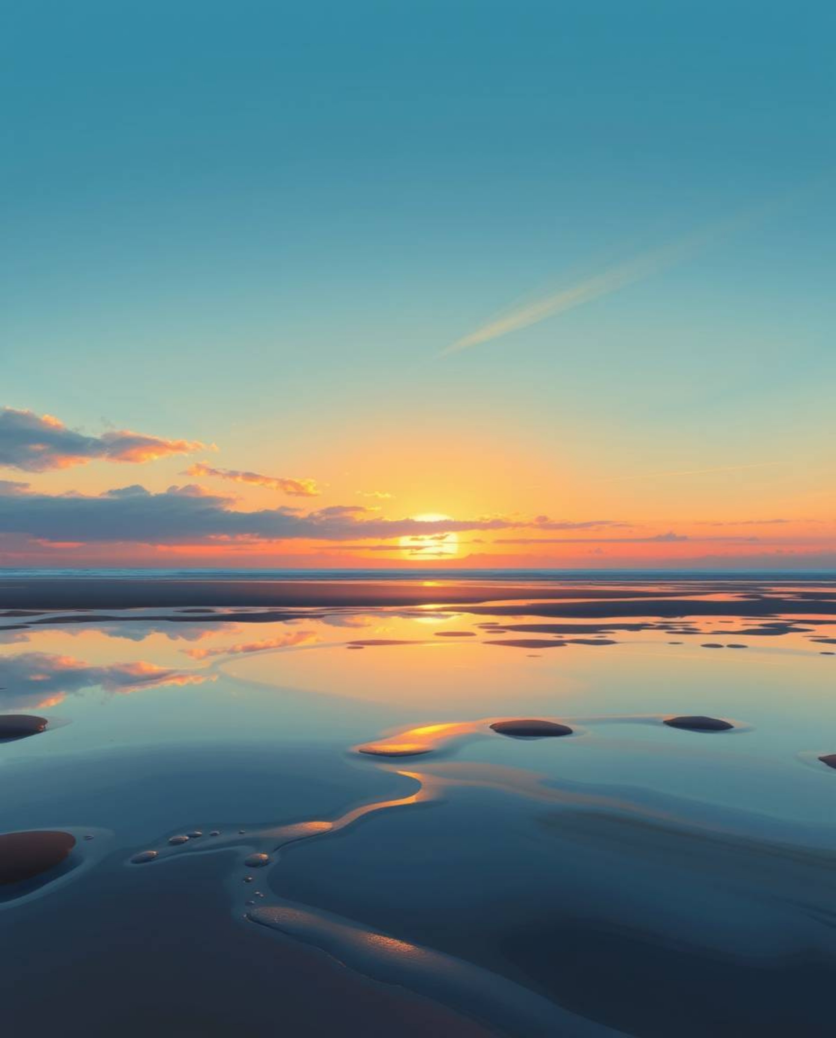 A digital painting captures a stunning sunset sky mirrored in tidal pools on a beach, creating a beautiful study in color and