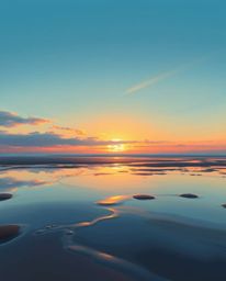 A digital painting captures a stunning sunset sky mirrored in tidal pools on a beach, creating a beautiful study in color and