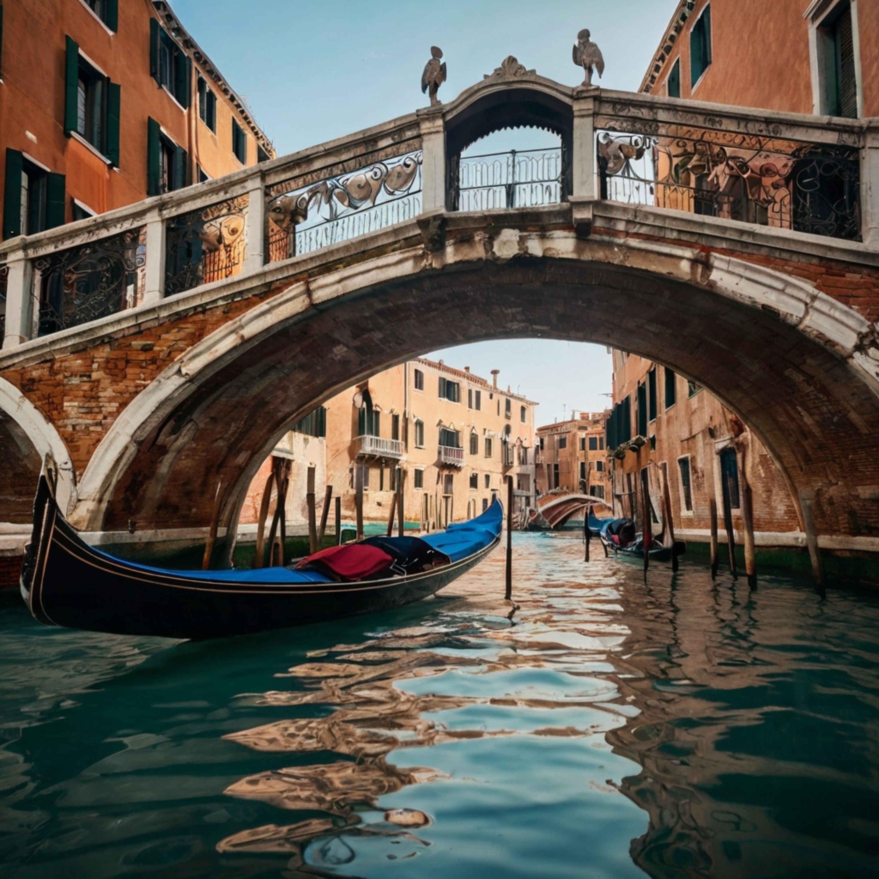 Experience the timeless charm of Venice with this picturesque scene. A traditional Venetian bridge gracefully arches over a t