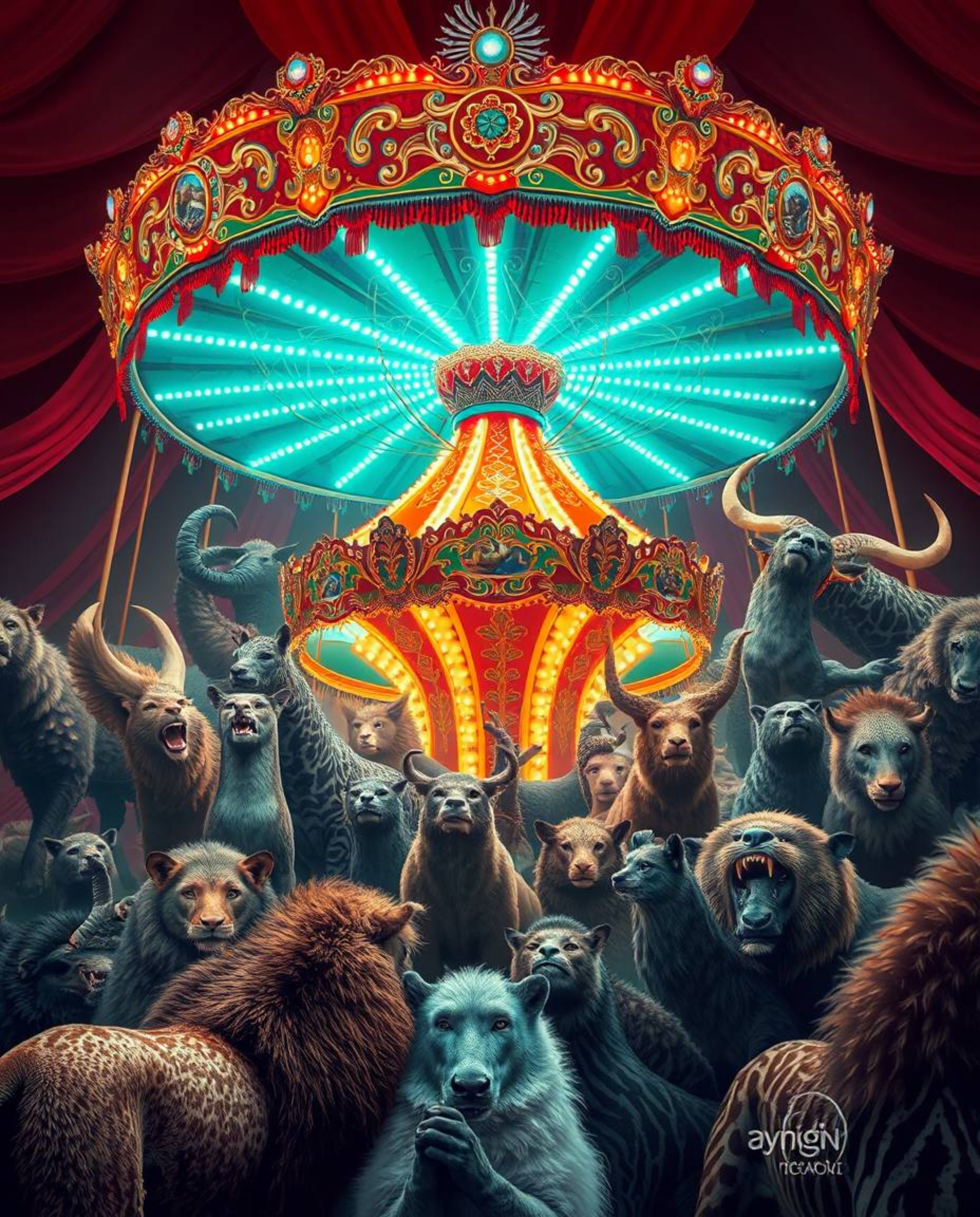 This high-resolution stock photo captures a captivating scene of a carnival unexpectedly overrun by wild animals. The image s
