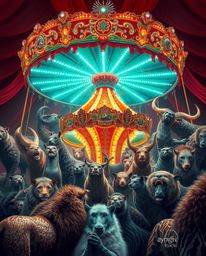 This high-resolution stock photo captures a captivating scene of a carnival unexpectedly overrun by wild animals. The image s