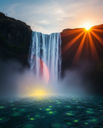 An enchanting image of a dramatic waterfall with a setting sun, brilliantly illuminated by glowing bioluminescent colors. Thi