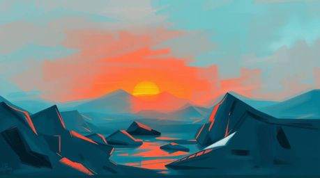 A captivating digital sketch depicting a sunset over icy glaciers in a polar region.  Warm terracotta and cool teal biolumine