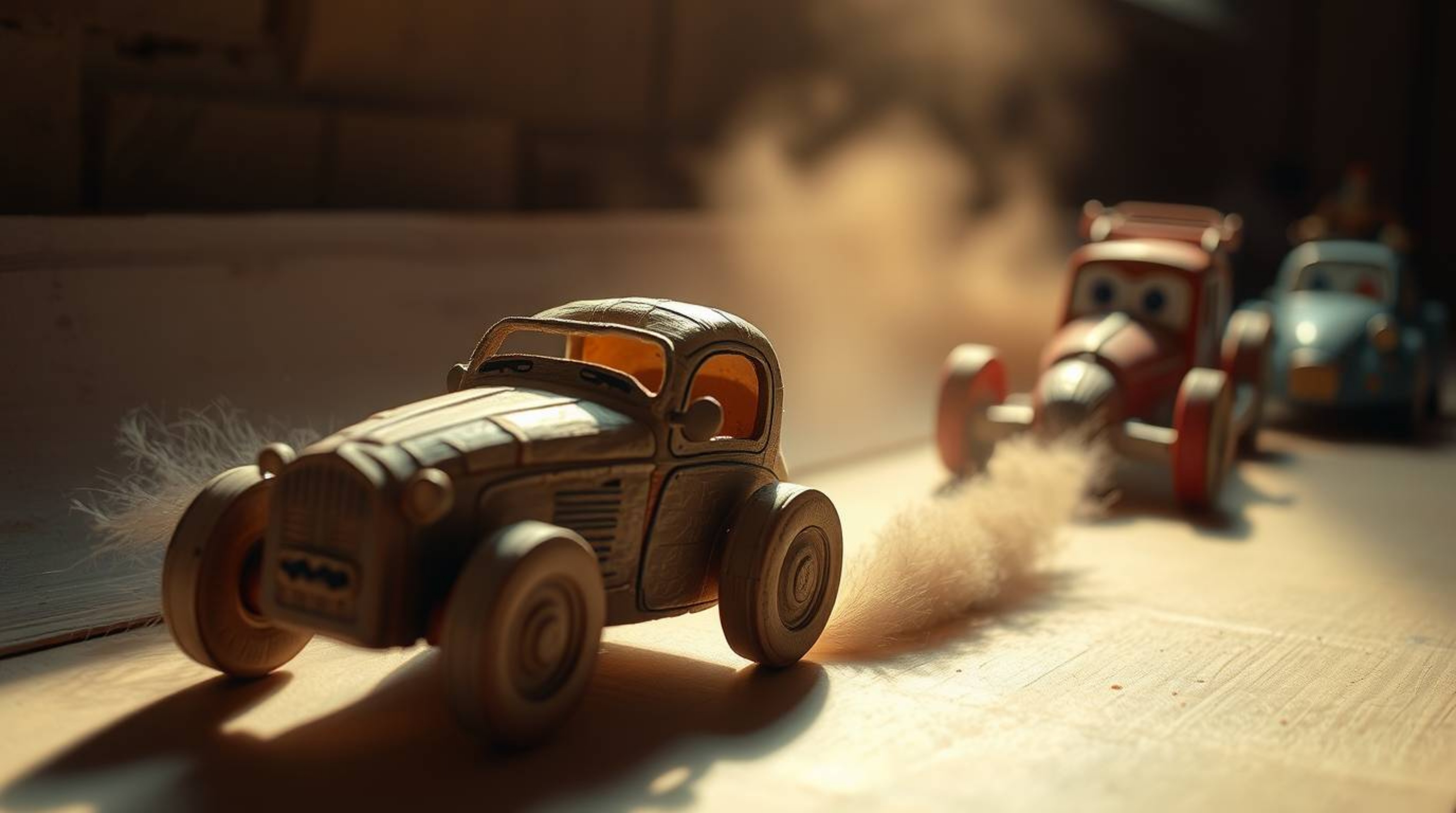Experience a whimsical racing scene featuring uniquely sculpted papier-mâché cars.  Bathed in soft, gentle light, the scene c