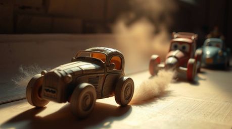 Experience a whimsical racing scene featuring uniquely sculpted papier-mâché cars.  Bathed in soft, gentle light, the scene c