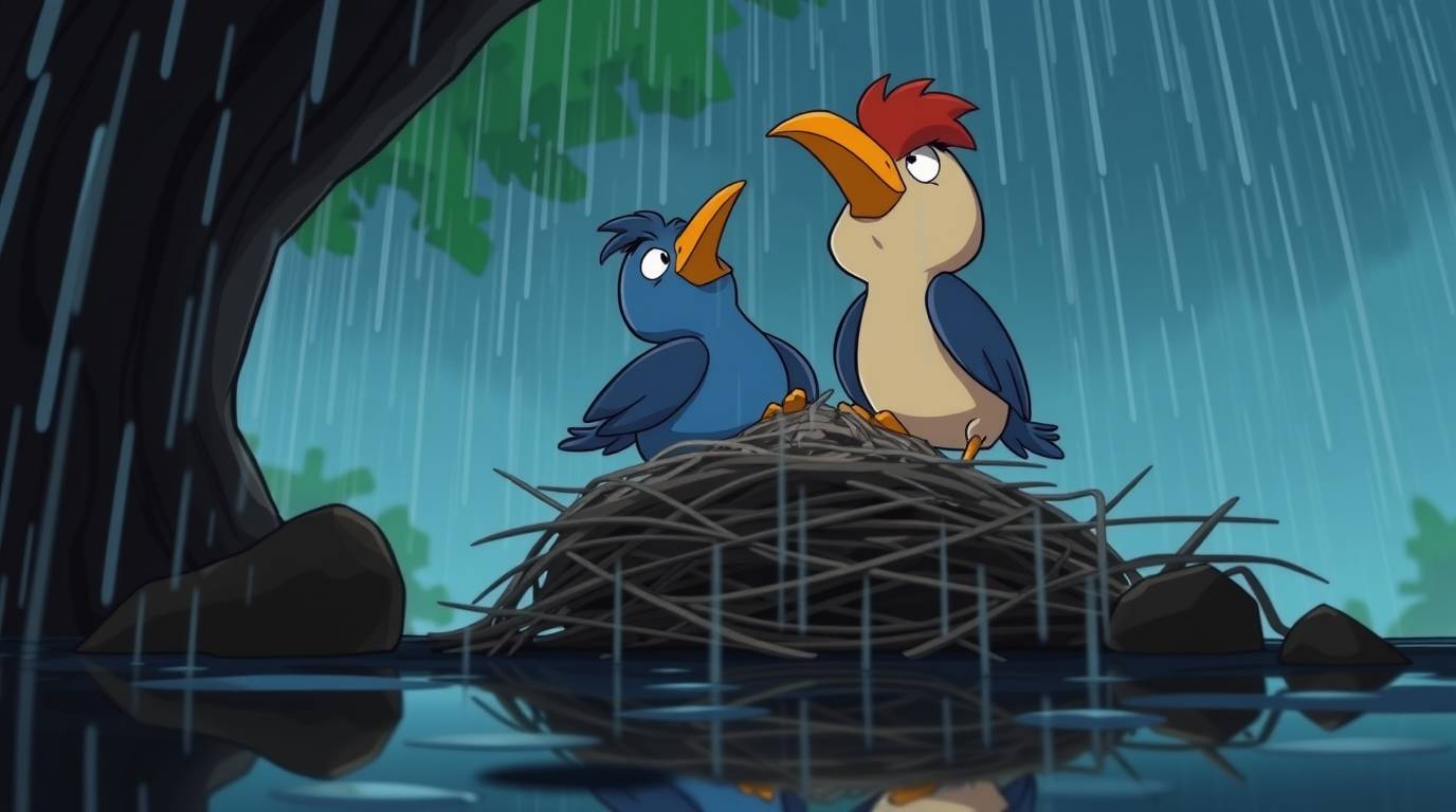 A charming low-angle perspective depicts two cartoon birds diligently constructing a nest amidst a wet and rainy environment.