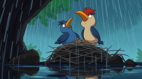 A charming low-angle perspective depicts two cartoon birds diligently constructing a nest amidst a wet and rainy environment.
