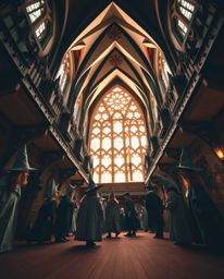 Explore a captivating magical school filled with young wizards, brought to life with intricate origami folds and geometric pr