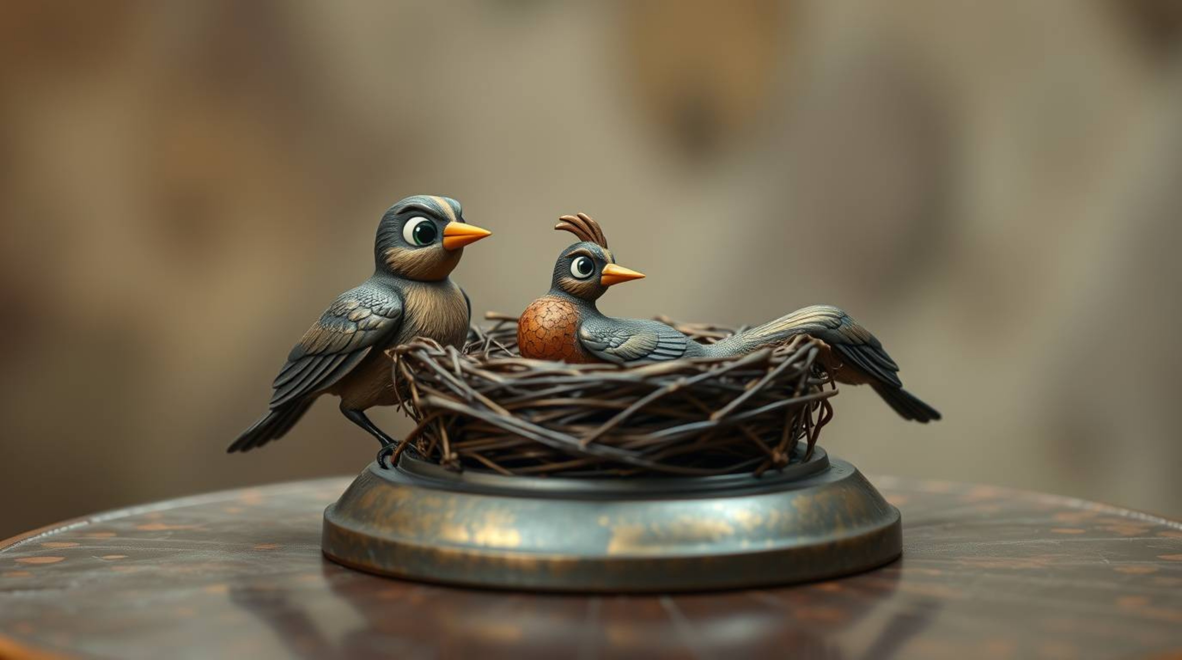 Delightful image of two cartoon birds meticulously constructing a nest, rendered in a classic animation style.  The bronze su
